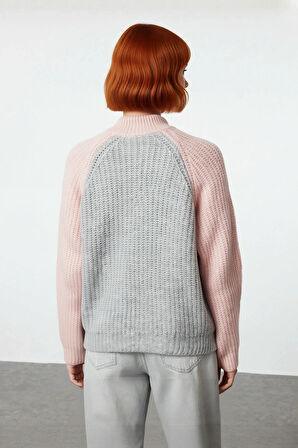 Kadın Reglan Kollu Renk Bloklu Fermuar Detaylı Dik Yaka Oversize Triko Kazak Günlük Tarz. Kaliteli