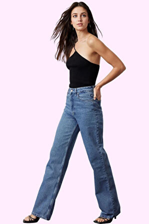 Kadın Pamuk Denim Wide Leg Jean Yüksek Bel Rahat Günlük Stil Hafta Sonu Yaz Aylarının Vazgeçilmezi