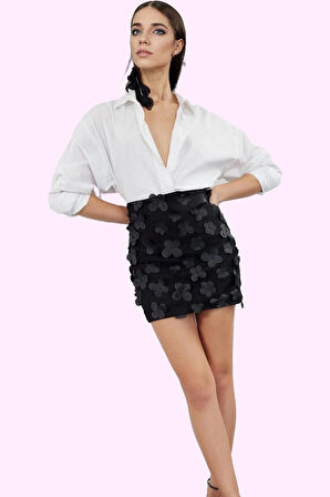 Kadın Mini Örme Etek; Kalem Kalıp 3 Boyutlu Çiçek Aplike Astarlı Şık Gece Elbisesi Günlük Kullanım