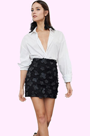 Kadın Mini Örme Etek; Kalem Kalıp 3 Boyutlu Çiçek Aplike Astarlı Şık Gece Elbisesi Günlük Kullanım