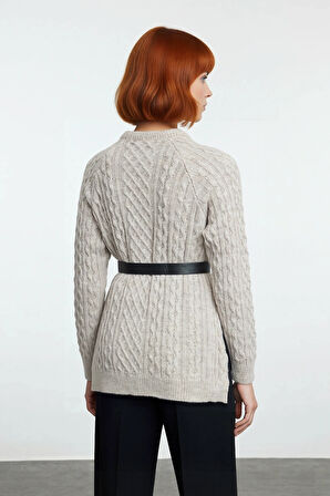 Kadın Akrilik Triko Saç Örgü Bisiklet Yaka Regular Kalıp Kesik Detaylı Uzun Kol Kazak Kış Şıklığı