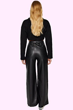 Kadın Yüksek Bel Geniş Paça Örme Pantolon Suni Deri Günlük Şıklık Yaz Aylarının Vazgeçilmezi