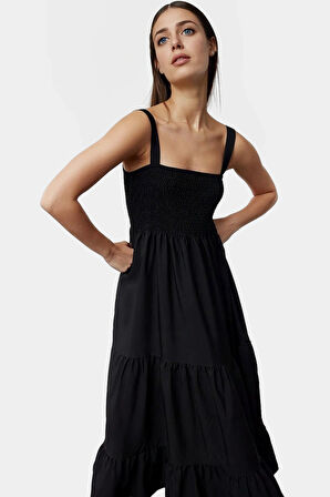 Terrycotton Maxi Elbise Gipeli Kare Yaka Skater Yazlık Trend Tasarım Zarifane