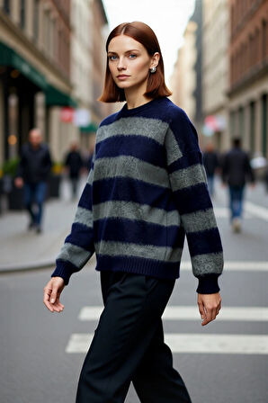 Kadın Geniş Kalıp Çizgili Triko Kazak Rahat Bisiklet Yaka Tasarımı Kış Günleri İçin Konforlu Seçim