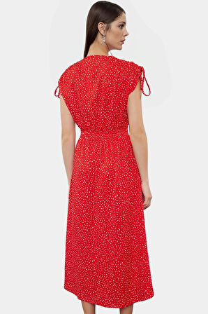 A line Midi Elbise Yazlık Örme Polyester Beli Lastikli Kruvaze Yüksek Kalite