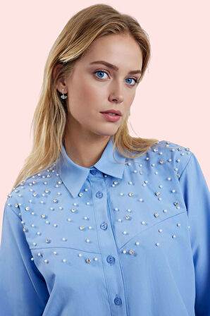 Kadın A line Regular Dokuma Gömlek İncili Taş Detaylar Günlük Hafta Sonu Dayanıklı Malzeme