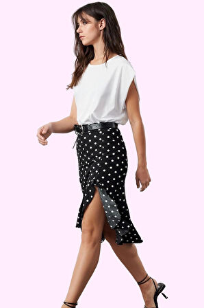 Kadın Puantiyeli Yüksek Bel Midi Örme Etek Yırtmaçlı Asimetrik Günlük Stil Kaliteli Malzeme