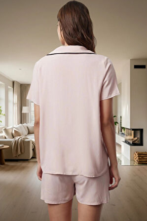 Yazlık Viskoz Pijama Takımı; Kurdele Detaylı Rahat Şortlu Zarifane Tasarım Özel