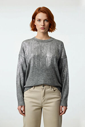 Kadın Oversize Düşük Kol Triko Bisiklet Yaka Gri Metalik Yansımalı Kışlık Kazak Modeli Kaliteli