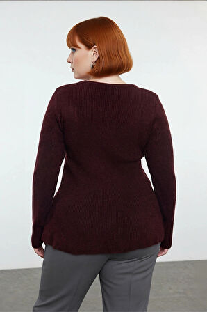 Kadın Mürdüm Casual Akrilik Triko Kazak Havuz Yaka Fitted Kesim Kışlık Günlük Şıklık Kaliteli