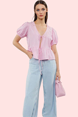 Kadın Terrycotton Kumaş Gömlek V Yaka Kısa Kollu Rahat Kesim Yaz Günlük Kullanım Hafta Sonu