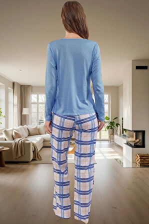 Şık Ekose Pamuklu Pijama Takımı; V Yaka Boru Paça Regular Modern Stil Günlük Kullanım İçin
