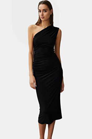 Bodycon Midi Elbise Kolsuz Tek Omuz Örme Kumaş Günlük Şık Dayanıklı Malzeme