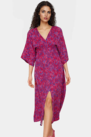 A Kesim Midi Elbise Etnik Desenli Viskoz Dokuma Truvakar Kollu Yazlık Zarifane Tasarım