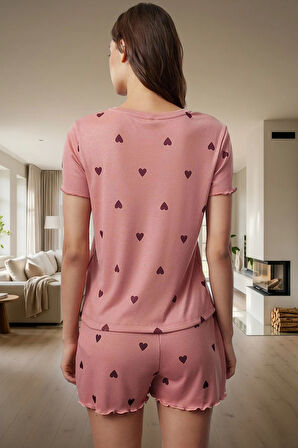 Rahat Yazlık Pijama Takımı Kalpli Desen Örme Kumaş Lastikli Şort Yüksek Kalite Mükemmel Uyum
