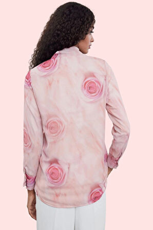 Kadın Şifon Gül Desenli Dik Yaka Uzun Kollu Gömlek Yazlık Rahat Kombin Yaz Aylarının Vazgeçilmezi