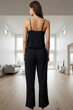 Rahat Geniş Paça Pijama Takımı Viskonlu Crinkle Dokuma Profesyonel Görünüm Ve Şık