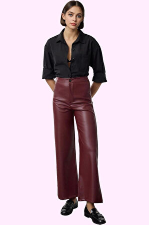 Kadın Yüksek Bel Geniş Paça Örme Pantolon Suni Deri Günlük Şıklık Yaz Aylarının Vazgeçilmezi