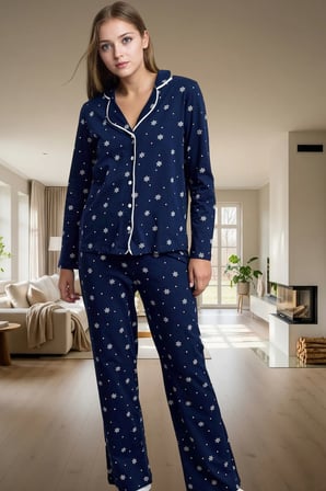 Biyeli Kışlık Pijama Takımı %100 Pamuk Örme Kumaş Rahat Kalıp Profesyonel Görünüm