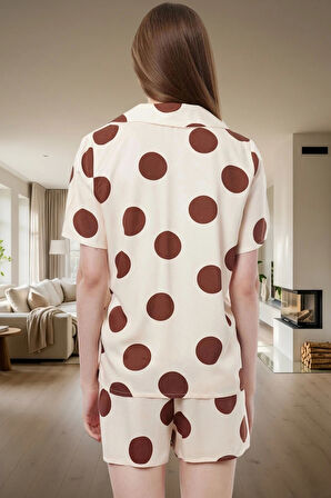 Rahat Yazlık Pijama Takımı 100% Viskon Puantiyeli Desen Şortlu Tasarım Uzun Ömürlü Şık Görünüm