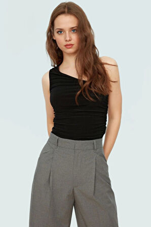 Fitted Tek Omuz Bluz Esnek Örme Crop Boy Modern Stil Premium Kalite Seçkin Malzeme