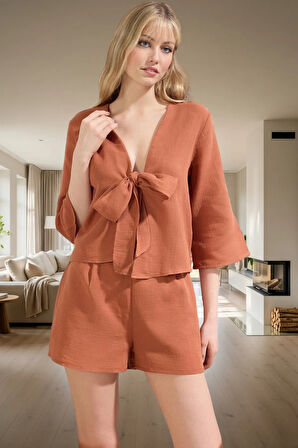 Ev Giyim Takımı %100 Pamuk Müslin Regular Kalıp Rahat Şort ve Gömlek Profesyonel Görünüm