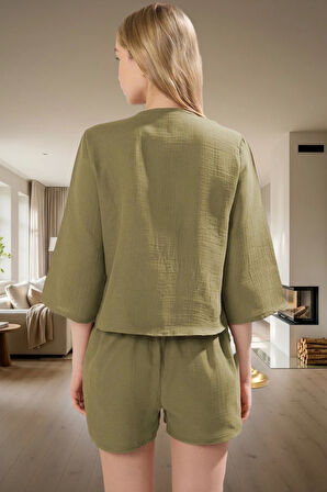 Ev Giyim Takımı %100 Pamuk Müslin Regular Kalıp Rahat Şort ve Gömlek Profesyonel Görünüm