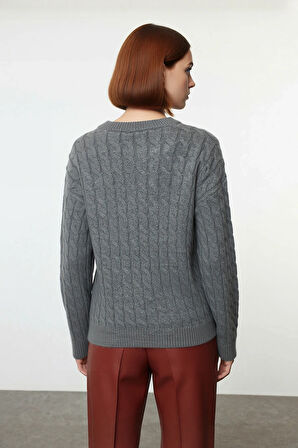 Kadın Antrasit Gri Basic Bisiklet Yaka Saç Örgü Triko Kazak Soğuk Günlerin Şık Tamamlayıcısı