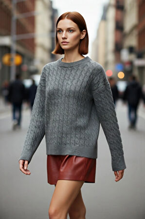 Kadın Antrasit Gri Basic Bisiklet Yaka Saç Örgü Triko Kazak Soğuk Günlerin Şık Tamamlayıcısı