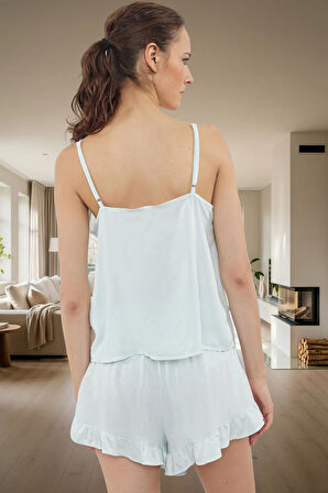 Rahat V Yaka Kolsuz Viskoz Pijama Takımı Kiraz Desenli Şortlu Günlük Kullanım İçin