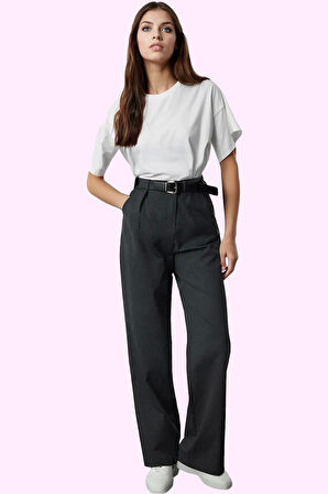 Kadın Koleksiyonu Straight Poliviskon Dokuma Pantolon Yüksek Bel Günlük Hafta Sonu