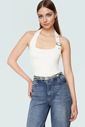 Fitted Kalıp Viskoz Ribana Crop Bluz Boyundan Bağlamalı Yaka Günlük Stil