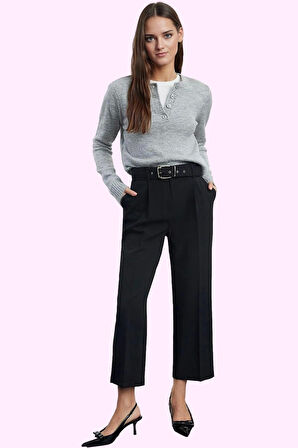 Kadın Finike Dokuma Pantolon Yüksek Bel Havuç Kalıp Kemer Detaylı Yaz Aylarının Vazgeçilmezi