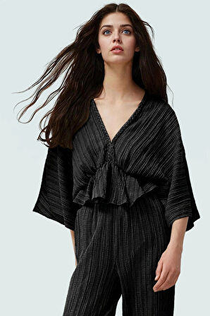 Rahat Yazlık Bluz Keten Karışımlı V Yaka Kısa Kol Regular Kalıp Uzun Ömürlü Kullanım