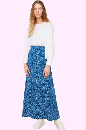 Kadın A line Shally Dokuma Etek Puantiyeli Desen Yazlık Yüksek Bel Yaz Aylarının Vazgeçilmezi