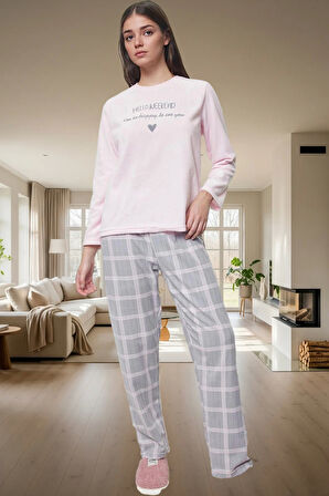 Rahat ve Şık Kadın Pijama Takımı Polar Ekoseli Uzun Kollu Yüksek Kalite Modern Stil