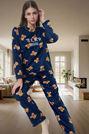 Rahat Kışlık Pijama Takımı Polar Kumaş Ayıcıklı Desen Boru Paça Seçkin Malzeme Zarifane Tasarım