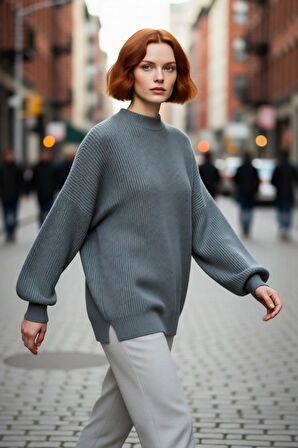 Kadın Oversize Basic Uzun Balon Kol Selanik Dokuma Triko Kazak 100% Akrilik Soğuk Havalar Kaliteli