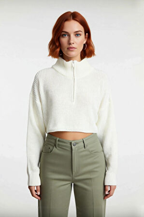 Kadın Basic Oversize Düşük Uzun Kollu Crop Fermuarlı Dik Yaka Triko Kazak Kışlık Rahat Stiller