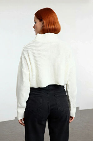 Kadın Basic Oversize Düşük Uzun Kollu Crop Fermuarlı Dik Yaka Triko Kazak Kışlık Rahat Stiller