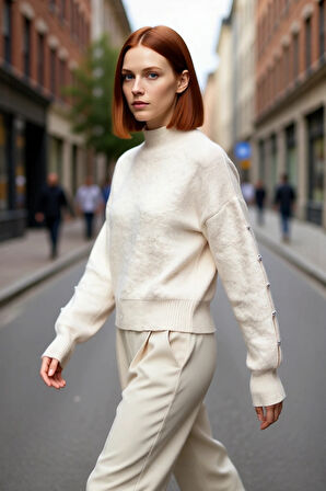 Kadın Dik Yaka Triko Kazak Düşük Kollu Düğme Detaylı Modern Regular Kalıp Kış İçin İdeal Seçim