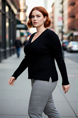 Kadın Düz Desen Fitilli V Yaka Uzun Kollu Triko Kazak Sonbahar Kış Şıklığı İçin İdeal Kaliteli