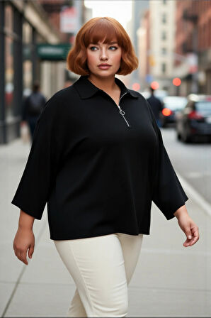 Kadın Büyük Beden Relaxed Kalıp Polo Yaka Fermuarlı Düşük Omuz Truvakar Kol Triko Kazak Kaliteli