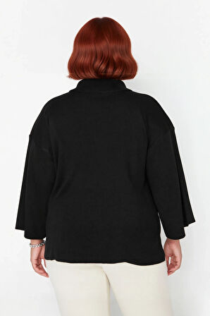 Kadın Büyük Beden Relaxed Kalıp Polo Yaka Fermuarlı Düşük Omuz Truvakar Kol Triko Kazak Kaliteli