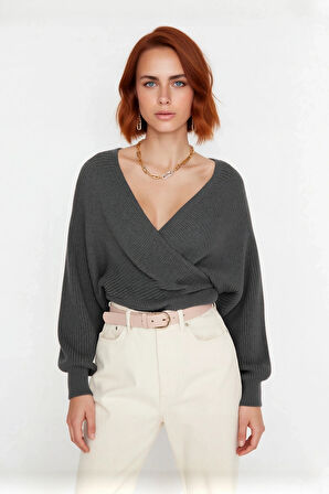 Kadın Basic Düz Desen Yarasa Kol Uzun Kollu Orta Kalınlık Akrilik Süper Crop Triko Kazak Kaliteli