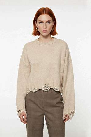 Kadın Casual Crop Oversize Bisiklet Yaka Triko Kazak Düşük Kol Akıtma Detaylı Konforlu Şık