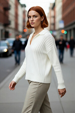 Kadınlara Özel Oversize Fitilli Triko Kazak Düşük Kol Polo Yaka Kış Sezonu İçin İdeal Günlük Giyim