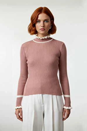 Kadın Triko Fitted Kalıp Dik Yaka Fitilli Renk Bloklu Uzun Kollu Kazak Günlük Tarzın Modern Hali