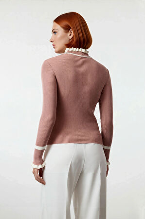 Kadın Triko Fitted Kalıp Dik Yaka Fitilli Renk Bloklu Uzun Kollu Kazak Günlük Tarzın Modern Hali