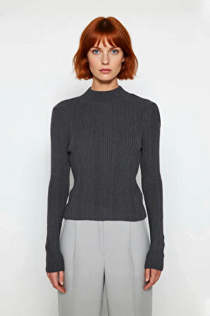 Kadın Fitted Dik Yaka Fitilli Uzun Kollu Triko Kazak Günlük Basic Siluet Kış Sonbahar Konforu